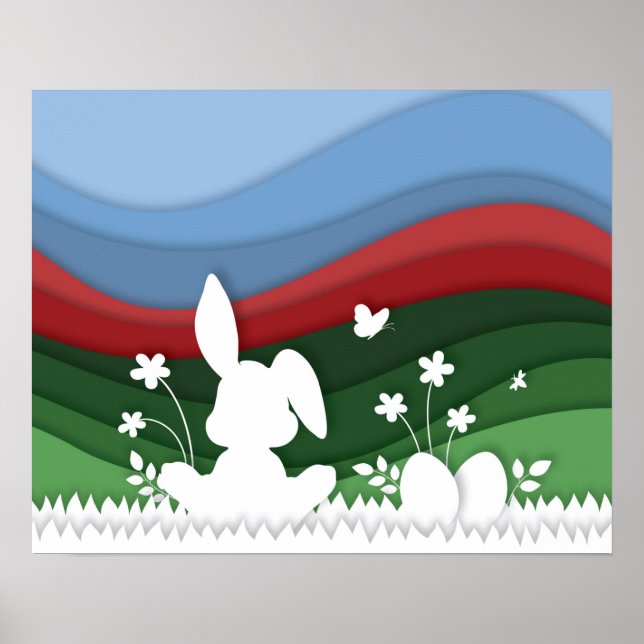 Poster Lapin de Pâques sur la prairie vert rouge nature (Devant)