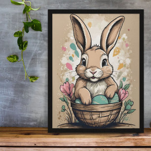 Poster Lapin de Pâques Vintage Panier Œufs Floral Printem