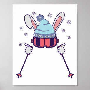 Poster Lapin de ski avec lunettes et bonnet de ski Hiver