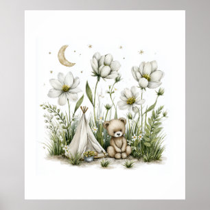Poster Lapin de watercolor mignon avec lune et étoiles