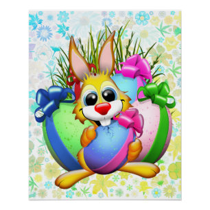 Poster Lapin drôle mordant un œuf de Pâques