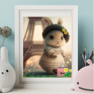 Poster Lapin en robe blanche Tour Eiffel Personnalisé