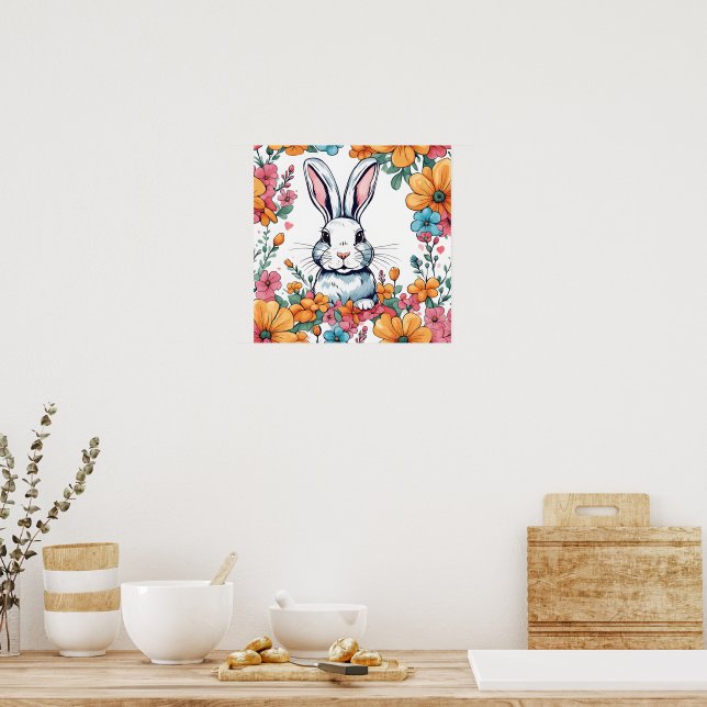 Poster Lapin entouré de fleurs (Cuisine)