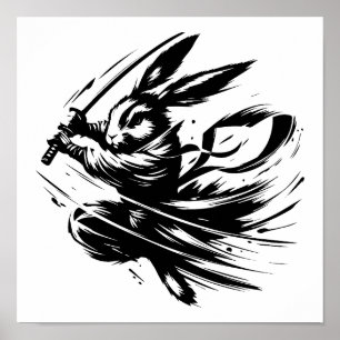 Poster Lapin Guerrier à l'Encre Noire Samouraï