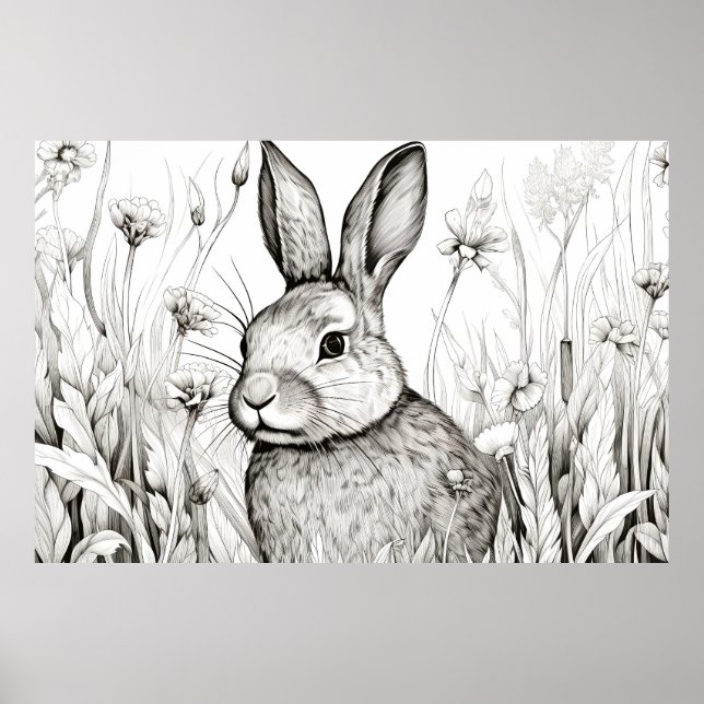 Poster Lapin Lapin Nature paisible Prairie Sketch Art (Devant)