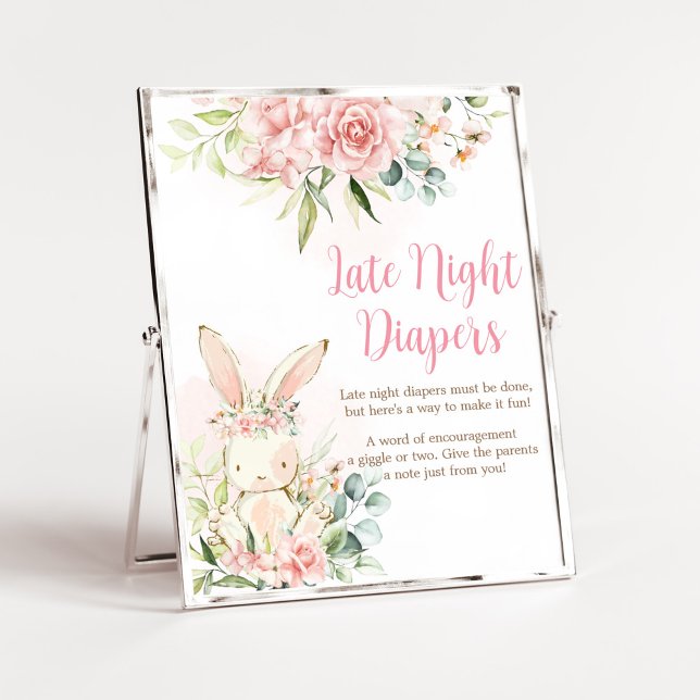 Poster Lapin Lapin Rose Floral Bébé Diapeurs de nuit tard (A Little Bunny Girl Baby Shower Late Night Diapers Sign)