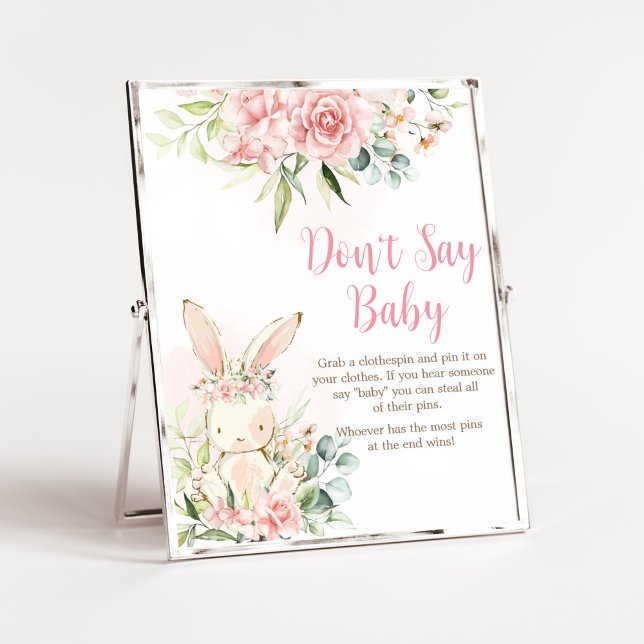 Poster Lapin Lapin Rose Floral Lapin Baby Ne pas dire béb (A Little Bunny Girl Baby Shower Don't Say Baby Sign)
