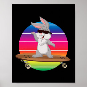 Poster Lapin Mignon à Vélo sur Skateboard Arc-en-Ciel Ska