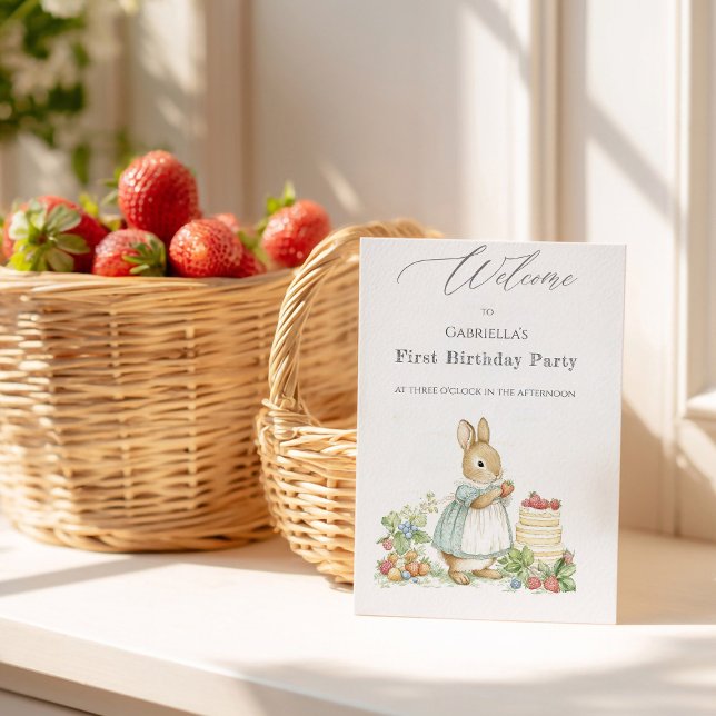 Poster Lapin mignon aux fraises Accueil Anniversaire (Créateur téléchargé)