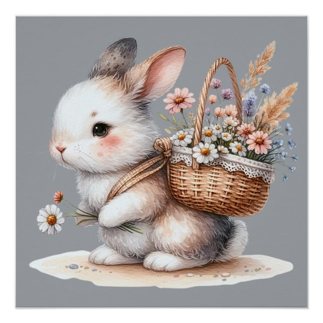 Poster Lapin mignon avec fleurs Art à l'aquarelle (Devant)