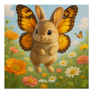 Poster Lapin mignon fantaisie fleurs ailes