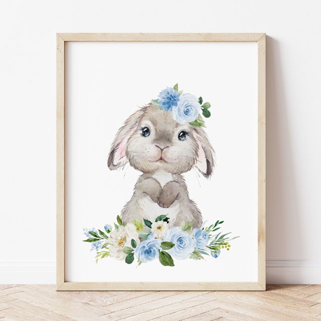Poster Lapin mignon, Lapin, Fleurs Bleues, Pépinière (Créateur téléchargé)