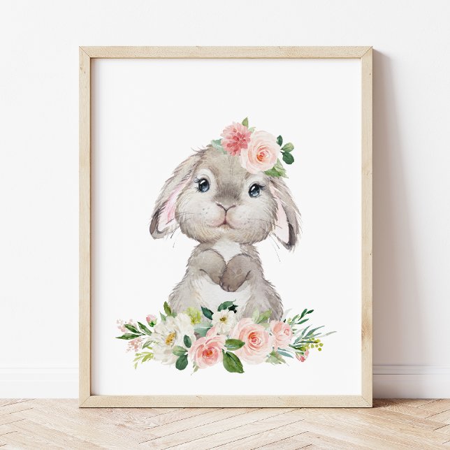 Poster Lapin mignon, Lapin, Fleurs roses, Nourriture pour (Créateur téléchargé)