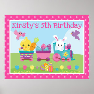Poster Lapin mignon, poussin et train d'oeufs en chocolat
