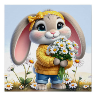 Poster Lapin oreilles roses marguerites blanches