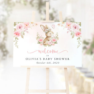 Poster Lapin, Papillon, Fleurs, Bienvenue à la Baby Showe