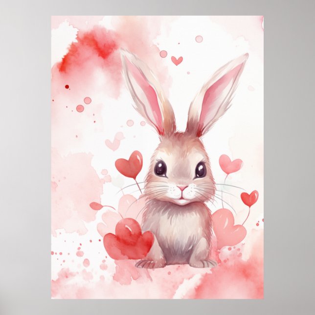 Poster Lapin pastel super mignon coeurs Coeurs rouges (Devant)