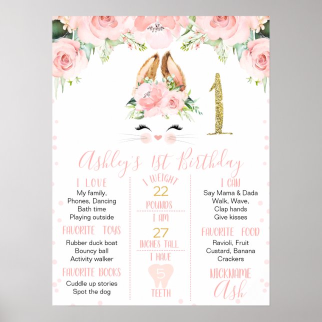 Poster Lapin rose Floral Visage 1er Anniversaire Jalon (Devant)
