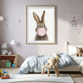 Poster Lapin soufflant un bubble gum rose