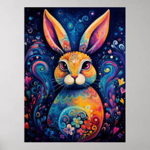 Poster Lapin spirales et cœurs Bleu