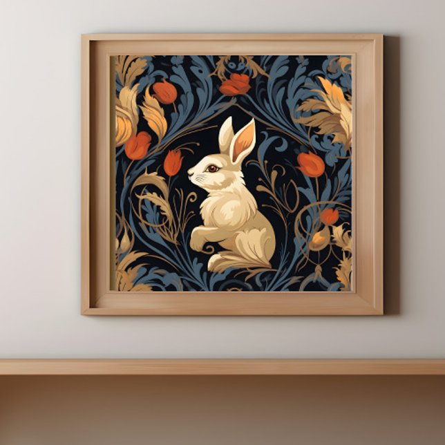 Poster Lapin victorien vintage (A print of a vintage Victorian rabbit is in a frame on a wall.)
