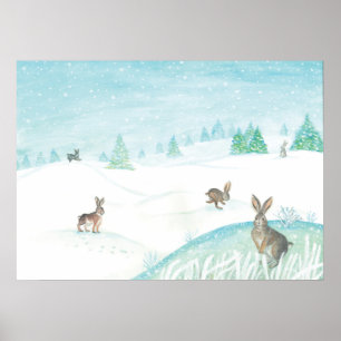 Poster Lapins Assis Et Saut Sur Neige