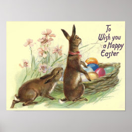 Poster Lapins de Pâques Marron Vintage dans un Panier, ZS