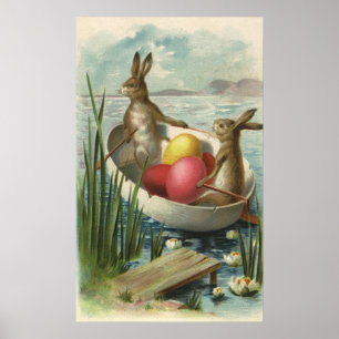 Poster Lapins de Pâques victoriens vintages dans un