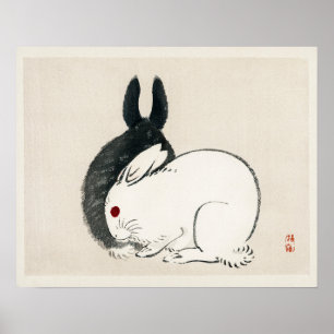 Poster Lapins noirs et blancs de Kōno Bairei