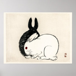 Poster lapins noirs et blancs vintages par Kōno Bairei