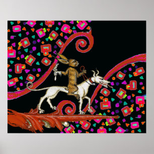 Poster LARGE BESTIAIRE MÉDIÉVAL Lapin chevauchant un chie