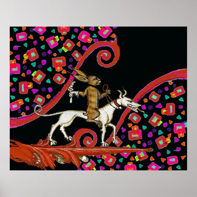 Poster LARGE BESTIAIRE MÉDIÉVAL Lapin chevauchant un chie (Devant)