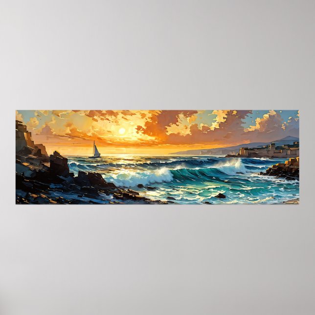 Poster Large Mer Méditerranée coucher de soleil doré (Devant)