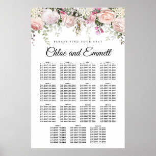 Poster Large Pink Floral 15-Table Wedding Seating Chart