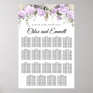 Poster Large Purple Floral 19-Table Wedding Seating Chart