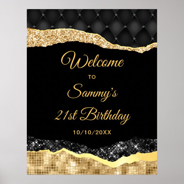 Poster Larmes à Glam Noir et Or Accueil Anniversaire (Devant)