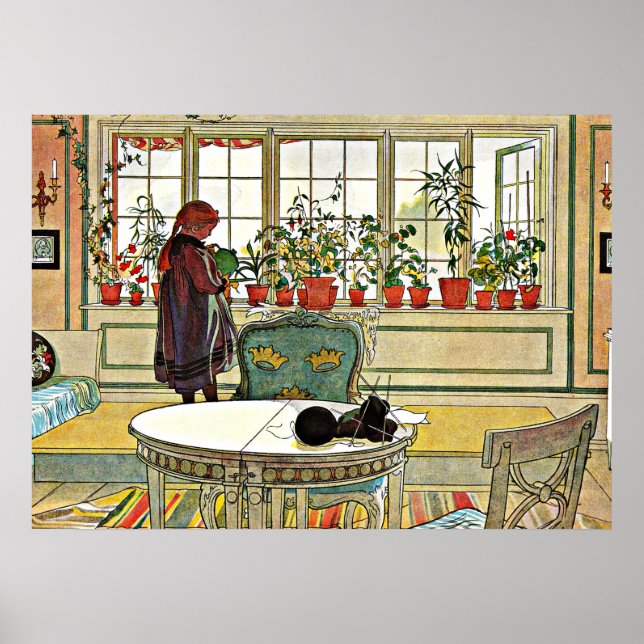 Poster Larsson - Fleurs sur un rebord de fenêtre (Devant)