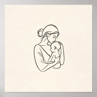 Poster L'art minimaliste en ligne de maman et bébé