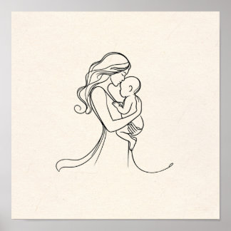 Poster L'art minimaliste en ligne de maman et bébé