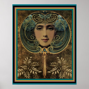 Poster L'art Nouveau font face dans le miroir 16 x