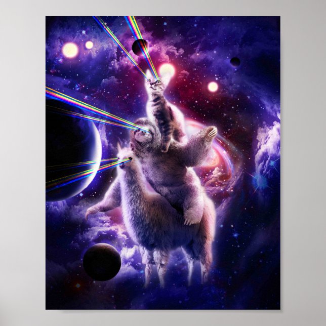 Poster Laser Eyes Space Cat Riding Sloth Llama - Arc en c (Devant)