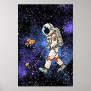 Poster L'astronaute marche sur un poisson rouge en laisse