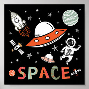 Poster L'astronaute spatiale lance des roquettes sur des