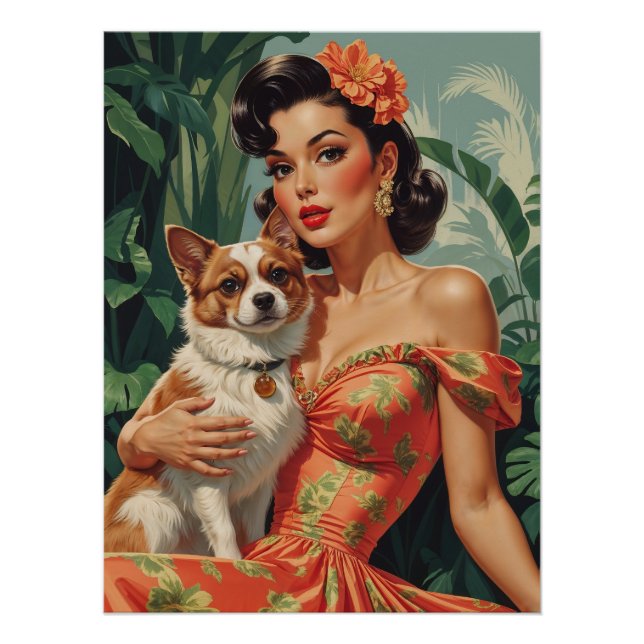 Poster Latina Pin Up avec un chien mignon (Devant)