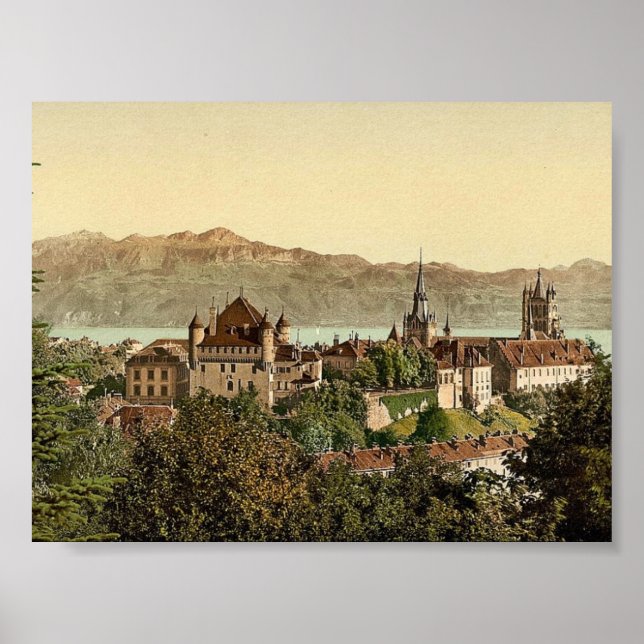 Poster Lausanne, vue générale, avec Alpes Savoie, Genève  (Devant)