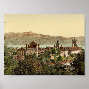 Poster Lausanne, vue générale, avec des Alpes de la