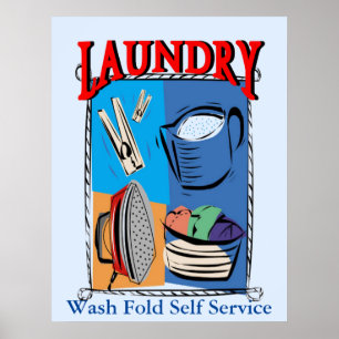 Poster Lave-linge, fer à repasser, épingles, savon