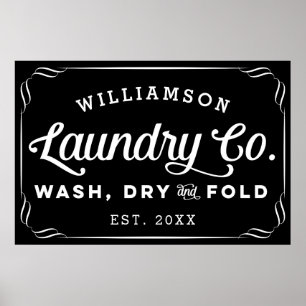 Poster Lave-linge noire personnalisée Laver Plier sec Sig