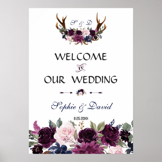 Poster Lavender Navy Blue Floral Bloom Mariage Bienvenue (Devant)