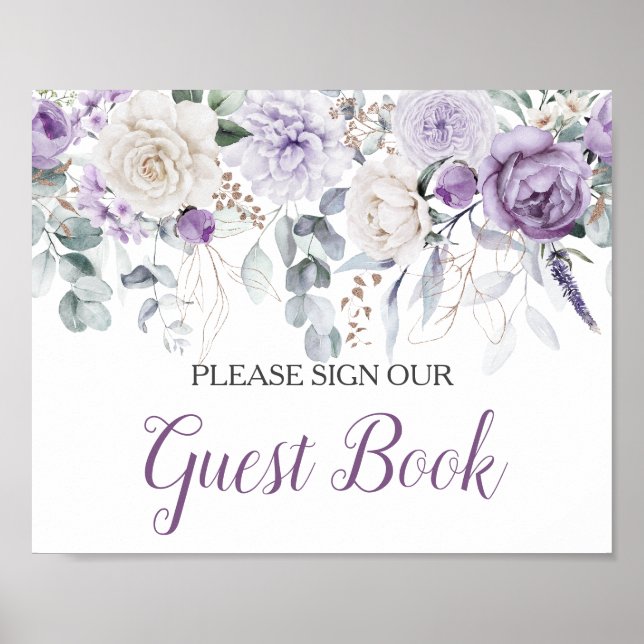 Poster Lavender Peonies White Roses Sign Our Guest Book (Devant)
